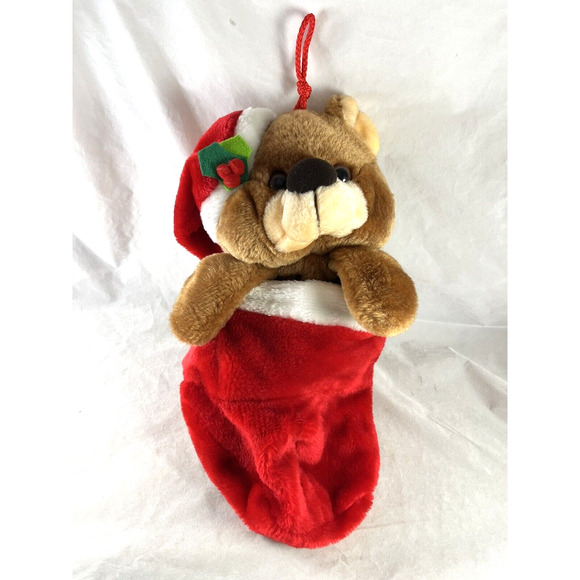 Plush Christmas Stocking Bear Reversible Pouch Smithy Brand Vintage 1990s - Picture 1 of 8